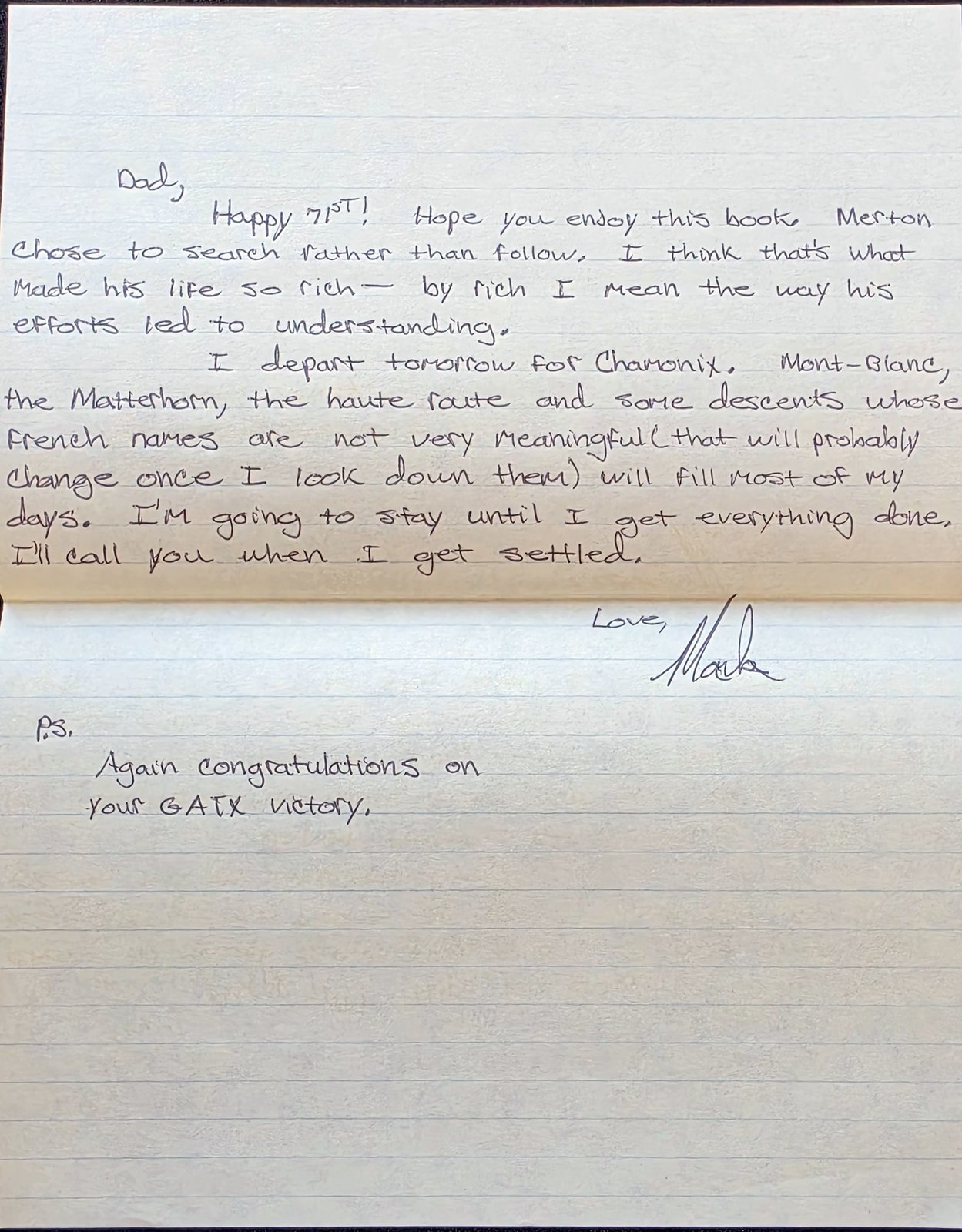 Handwritten letter on lined paper beginning Dad, Happy 71st, signed Love, Mark, with a P.S.