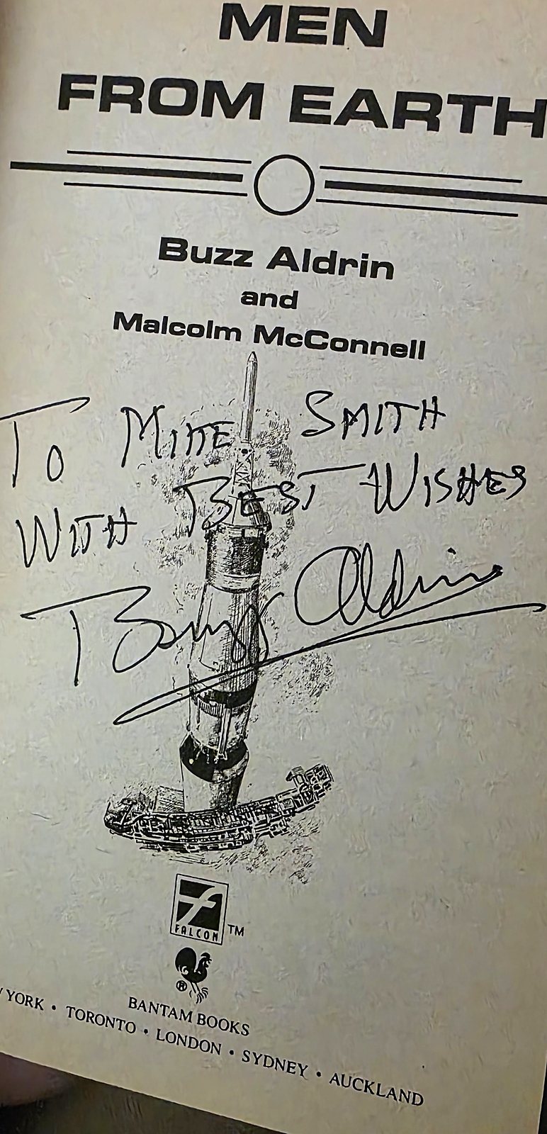 Title page of Men From Earth inscribed To Mike Smith with best wishes and signed Buzz Aldrin