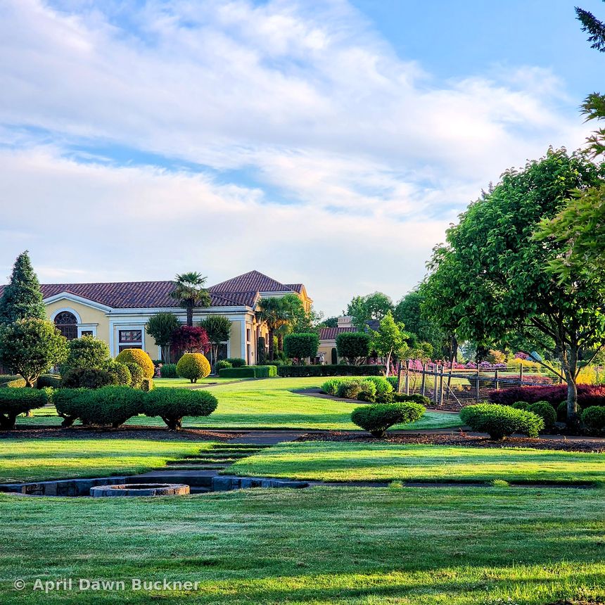 The villa in the distance beyond wide green lawns and shaped hedges