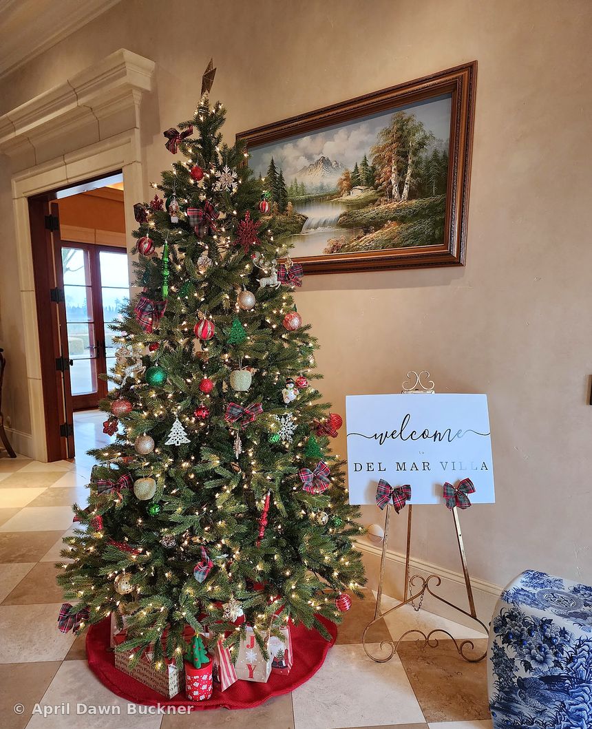 A decorated Christmas tree beside an easel sign reading “Welcome to Del Mar Villa”