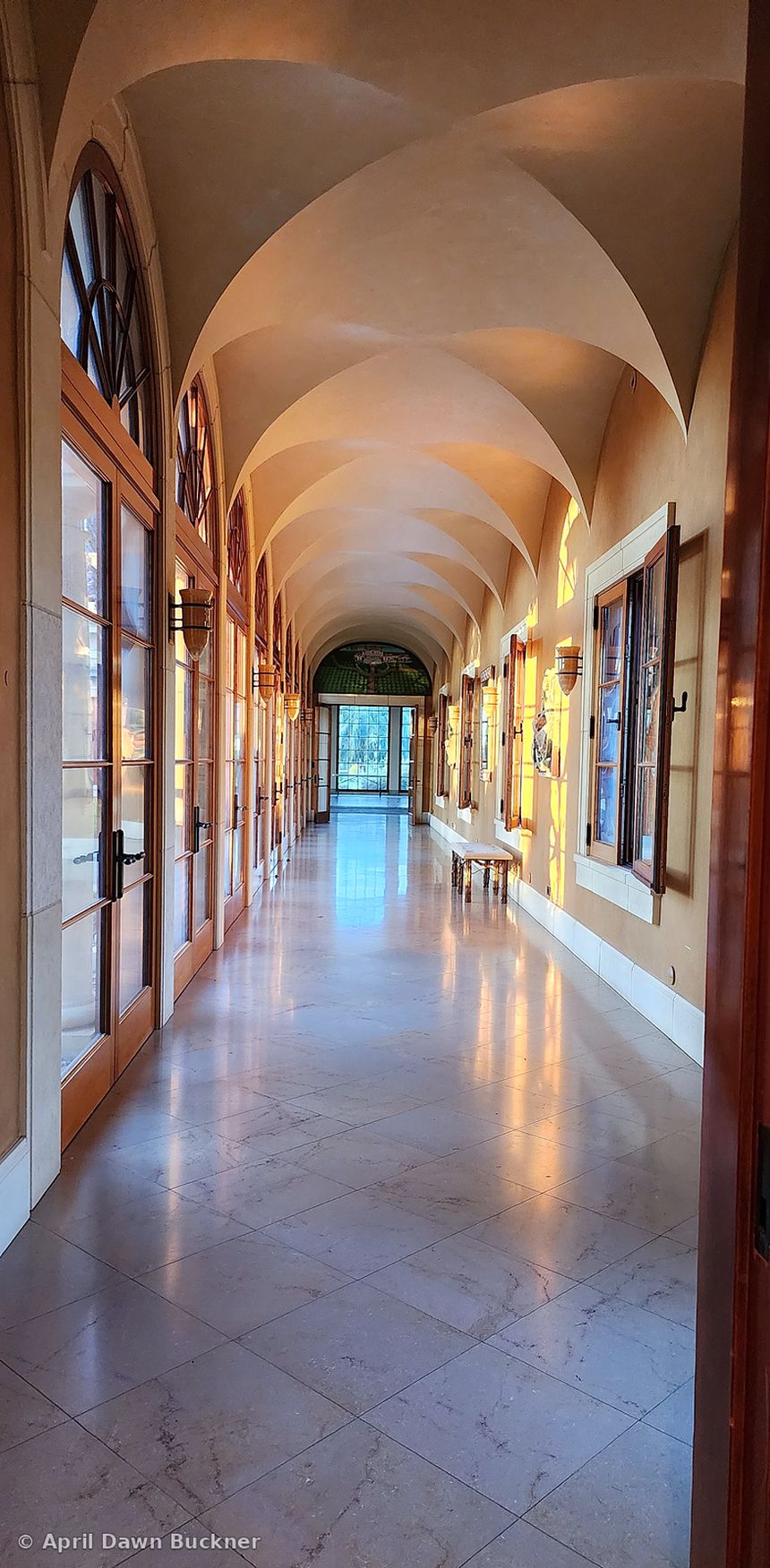 The long arched gallery, empty, with sunlight on the polished floor